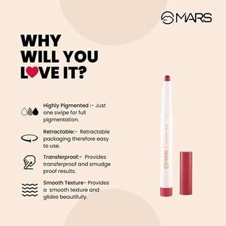 MARS Retractable Poppins Long Lasting Lip Crayon | Matte Finish | Smudge Proof & Kiss Proof Crayon Lipstick for Women (1.3 gm)